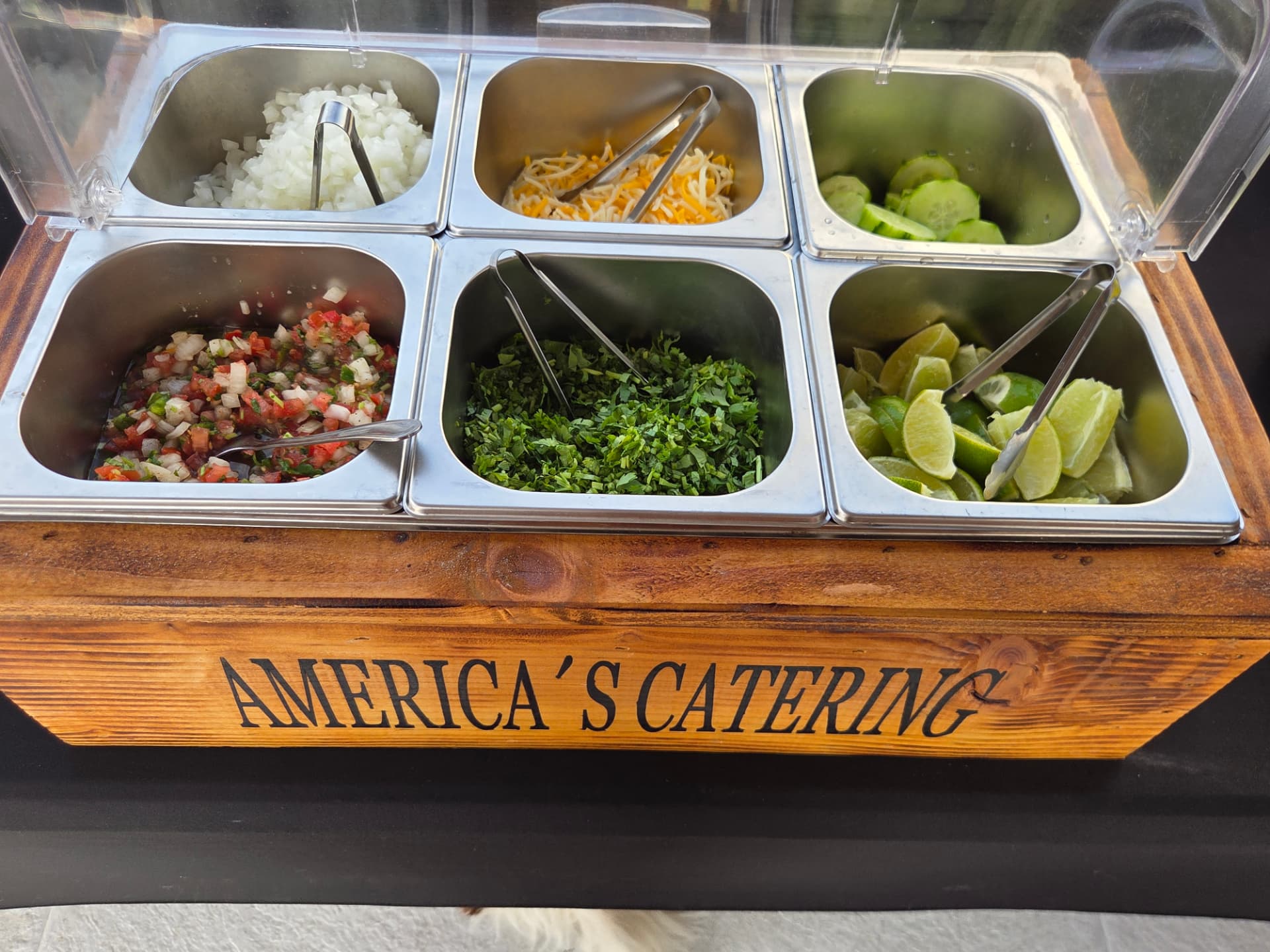 America's Catering wooden salsa and toppings bar
