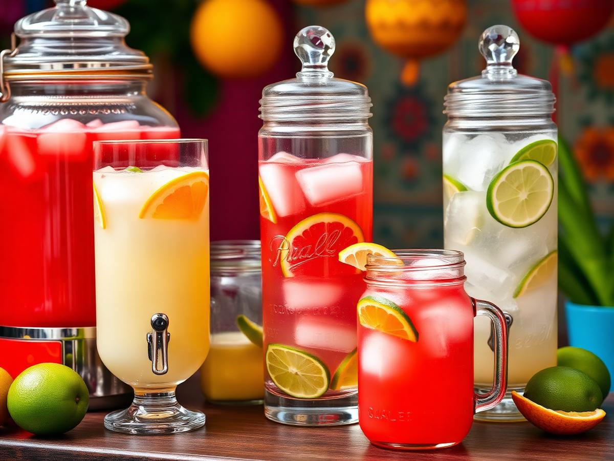 Colorful agua fresca drinks in glass dispensers