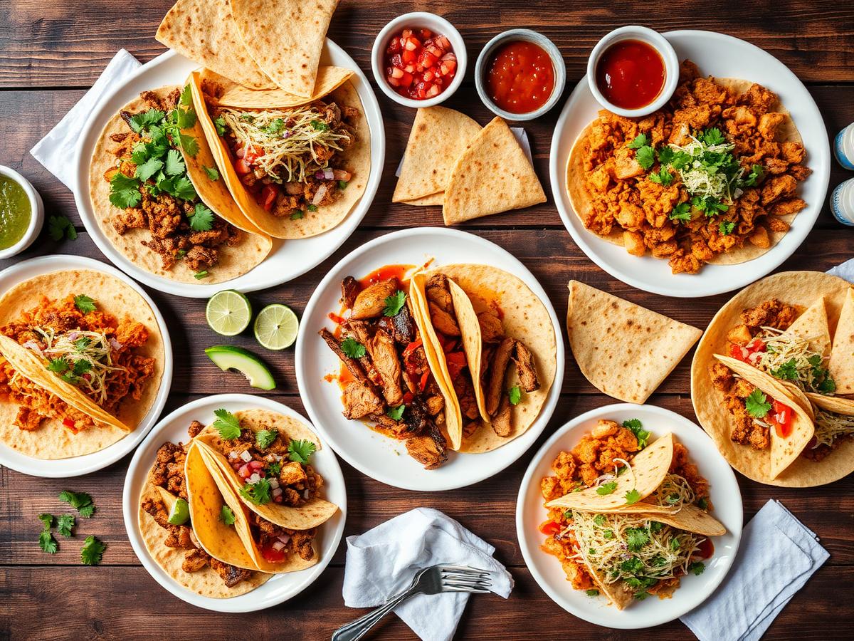 Festive taco and quesadilla catering spread with salsas, toppings and colorful decorations
