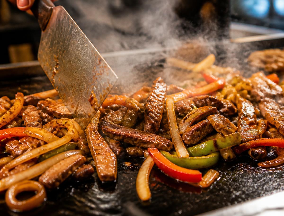 Sizzling fajita beef with peppers and onions on the griddle