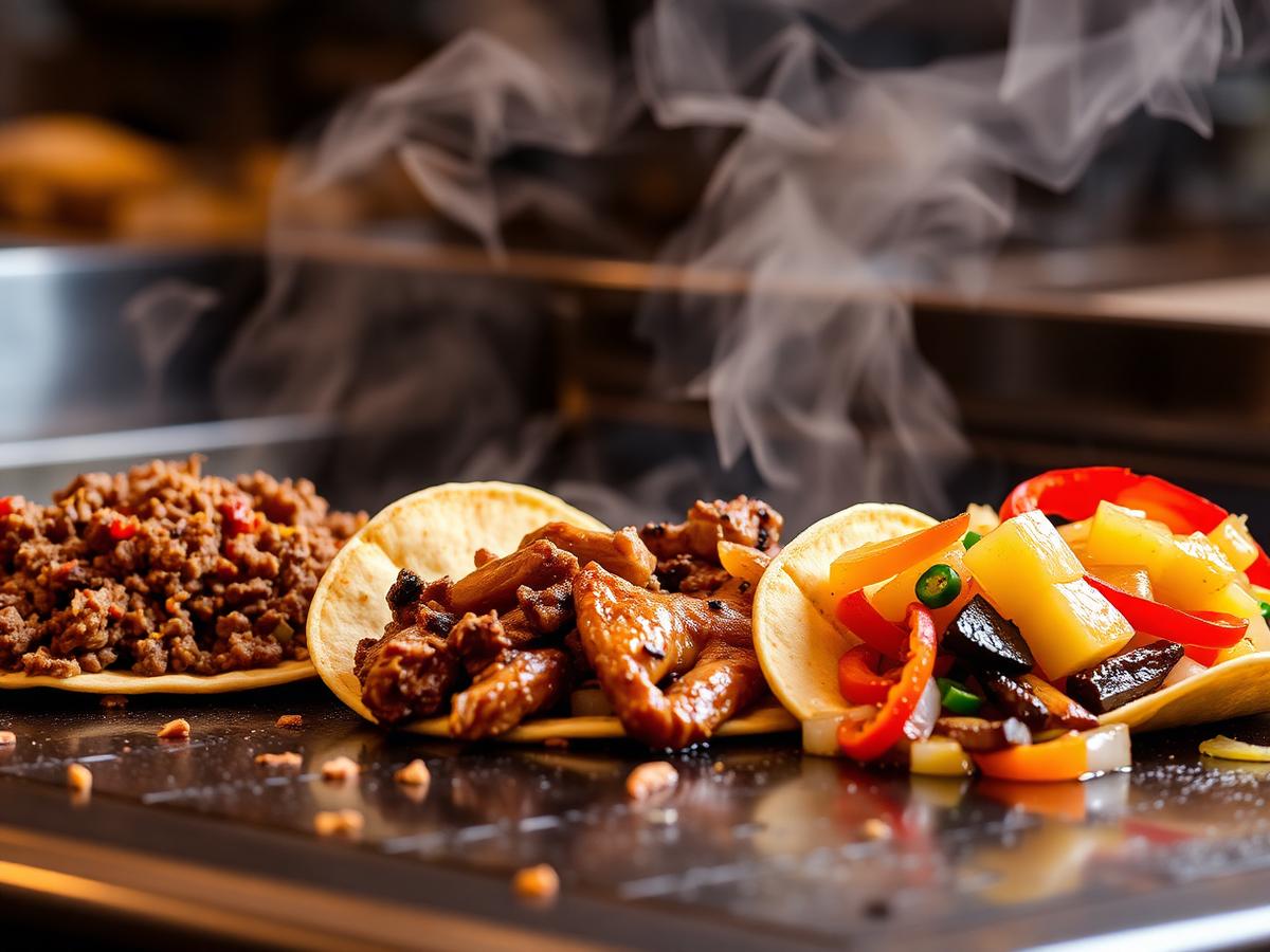 Beef, chicken and al pastor sizzling on the griddle