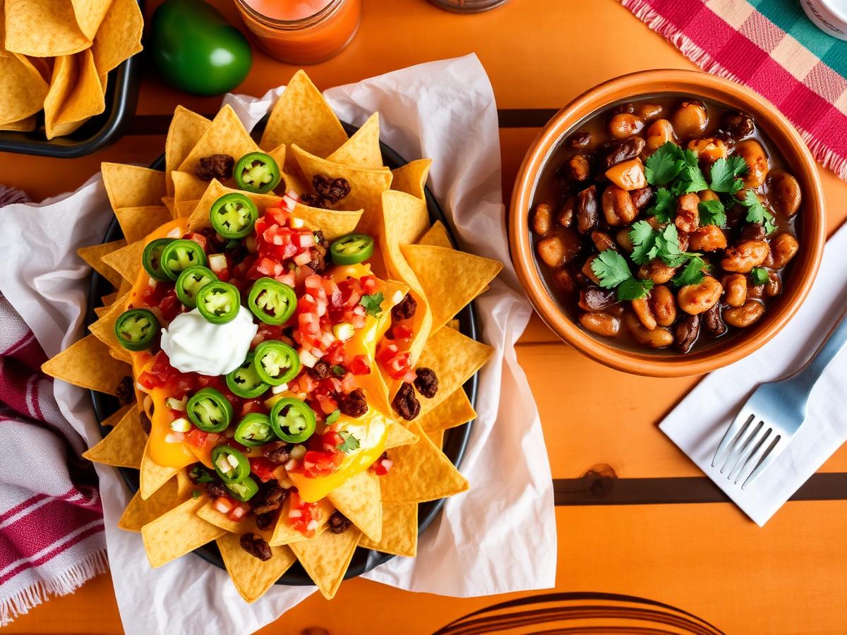 Loaded nachos and charro beans