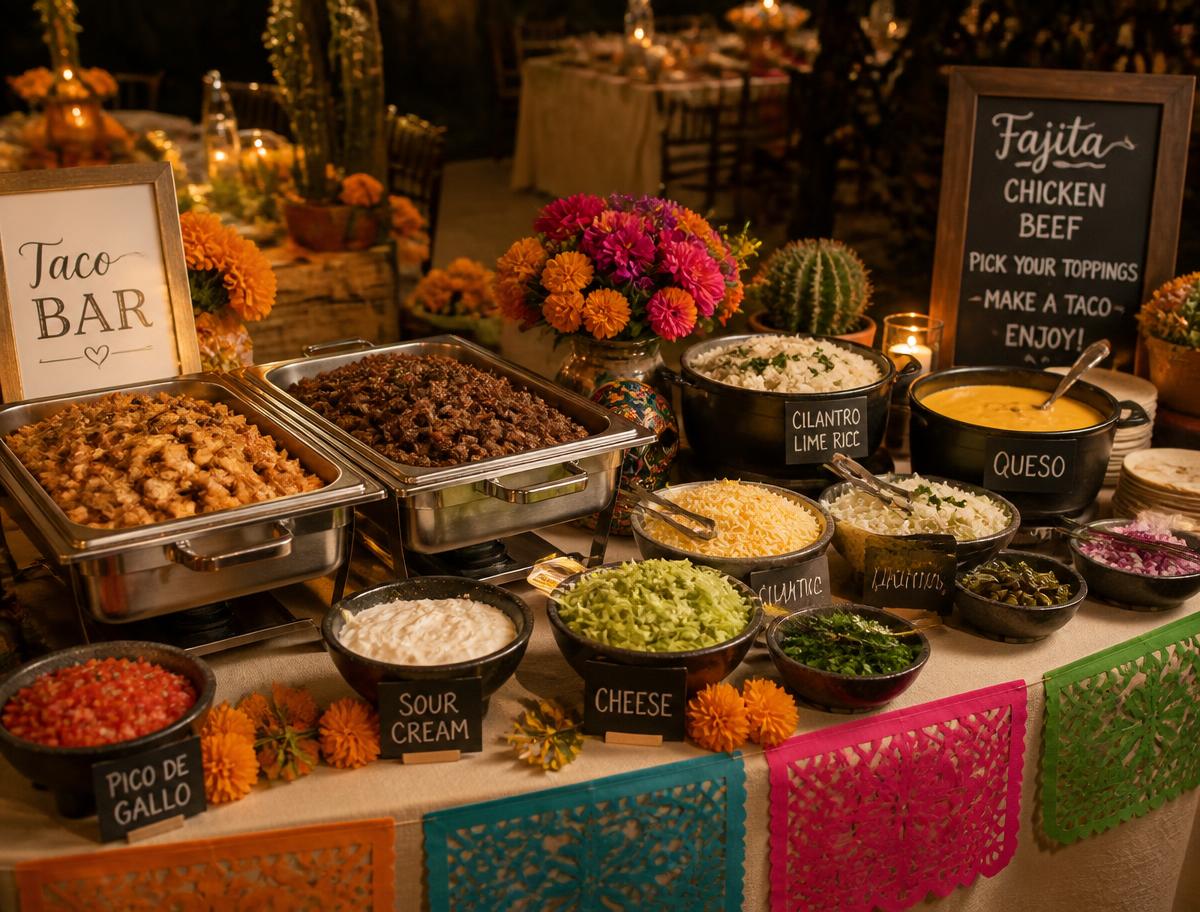 Festive taco bar buffet with fajitas, queso and toppings