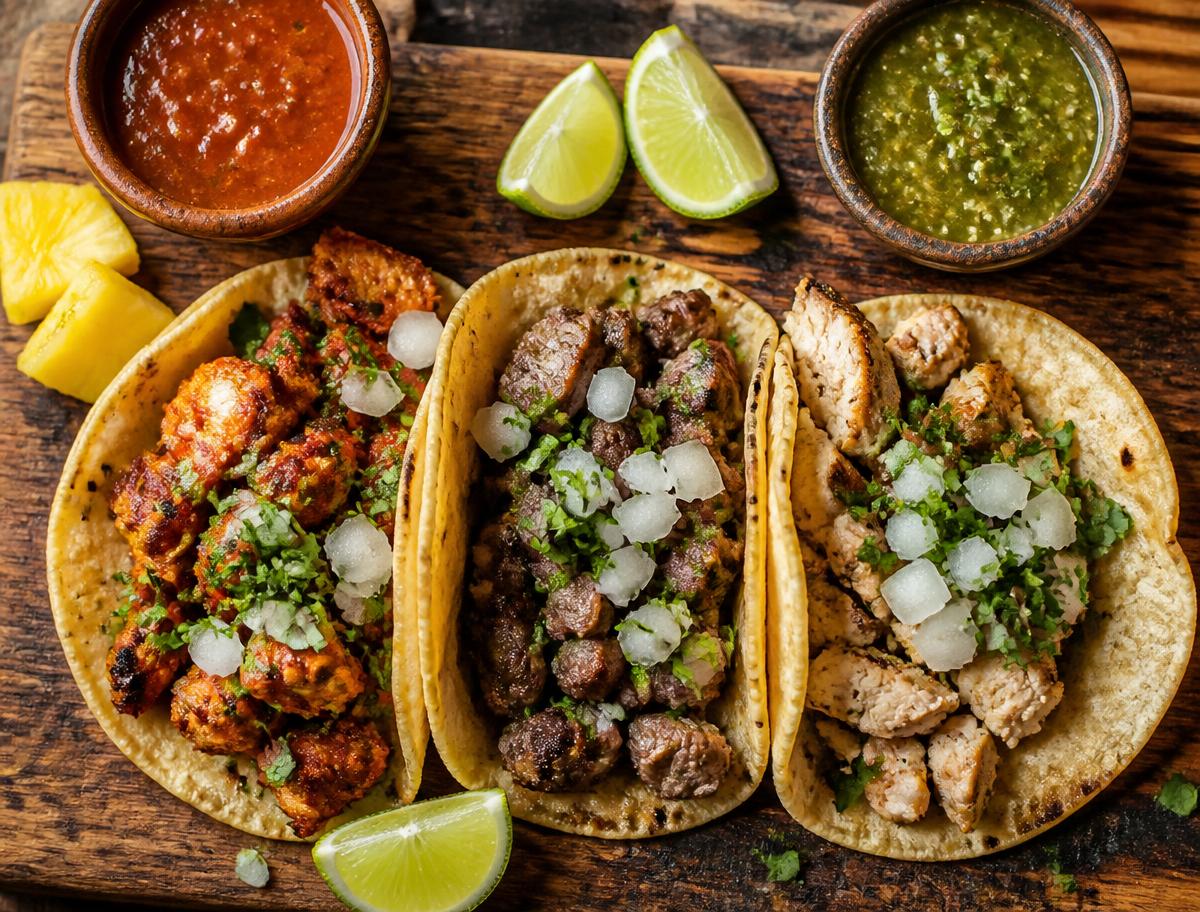 Al pastor, carne asada and pollo street tacos with salsas